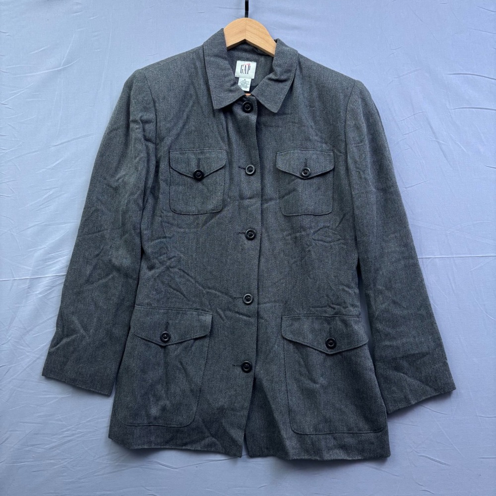 Gap Womens Gray Twill Safari Jacket Button Front 4 Pocket Lined Size 4